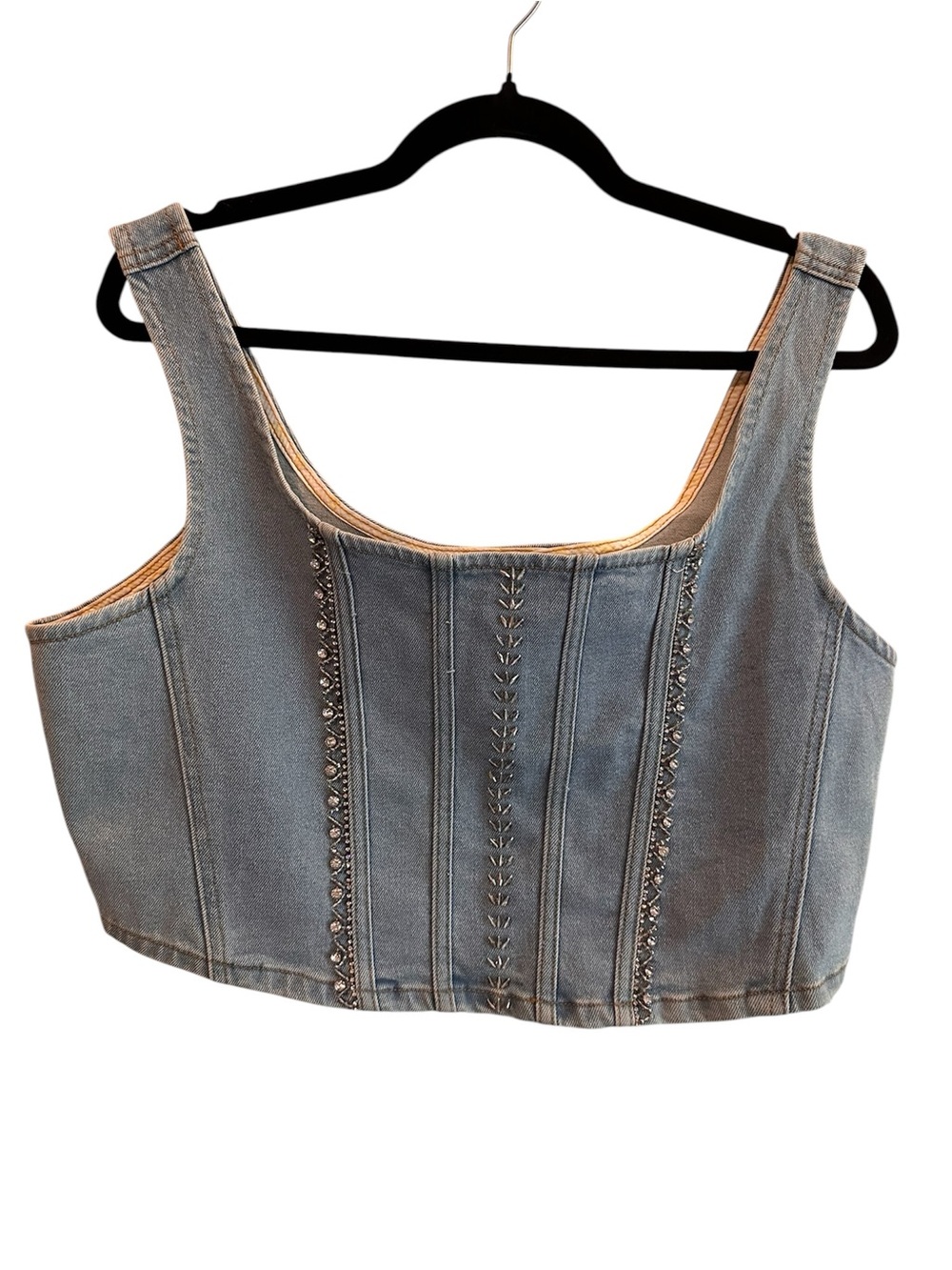 POL Denim Embroidered Corset Crop Top - Light Blue